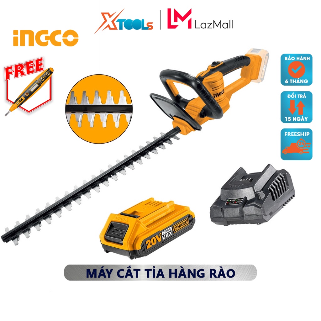 Máy cắt tỉa hàng rào dùng pin INGCO CHTLI20461 | máy cắt cành hàng rào điện thế pin 20V, tốc độ tối đa 1400 vòng/phút