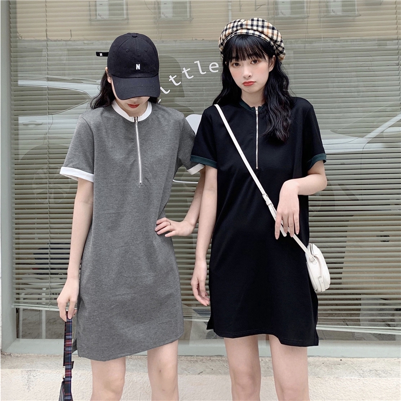 SUXI Đầm thun ngắn tay màu trơn phối khóa kéo phong cách trẻ trung năng động cho nữ