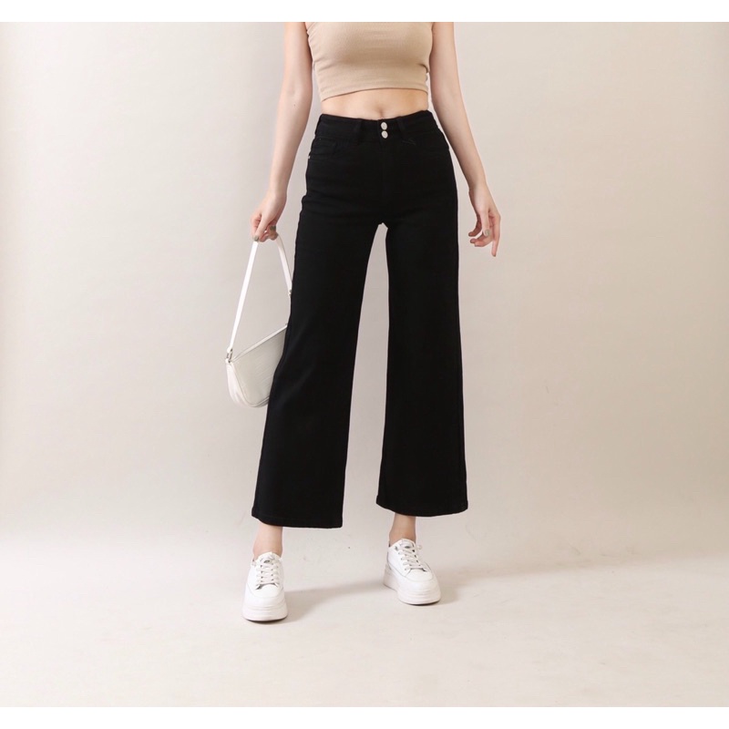 Quần Jeans Nữ Ống Rộng Đen Trắng 2 Cúc Co Giãn Trơn Gấu Thường CT Jeans
