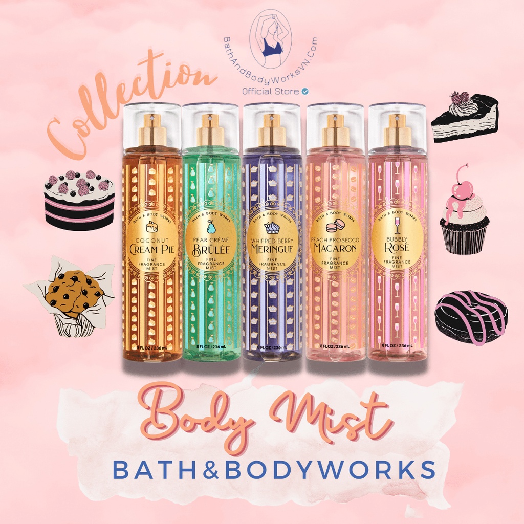 ( BST mùi bánh) Body Mist Xịt thơm toàn thân Bath And Body Works khử mùi, lưu hương toàn thân, mịn da.