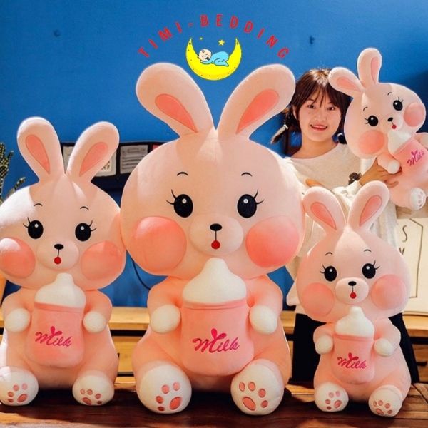 Gấu bông thỏ hồng ôm bình sữa cute, dễ thương 60cm, 80cm và 110cm– Timibedding