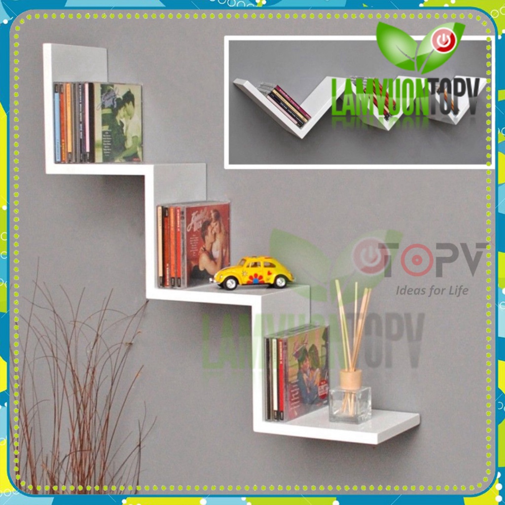 Kệ sách treo tường TopV giá sách gỗ tủ để đựng đỡ kê vở cho bé decor nhỏ mini giá rẻ ziczac trắng Làm vườn TopV