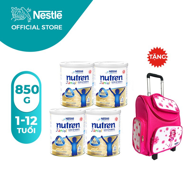 MỚITặng balo kéo màu hồng Combo 4 lon sữa bột Nutren Junior 850g lon