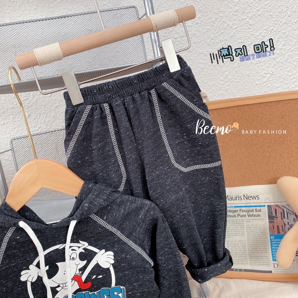 Bộ quần áo bé trai thu đông Beemo bộ bé trai có nón màu đen dài tay quần dài thun cotton - STB STB33