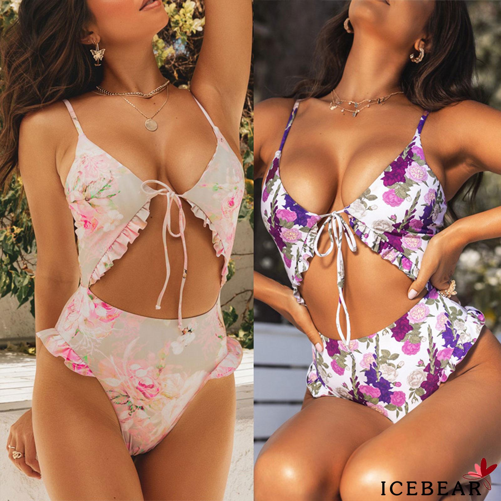 ICE-Women´s Printed One-piece Swimsuit, Deep V-neck Front Lace-up Hollowed High Waistline Sling Swimwear