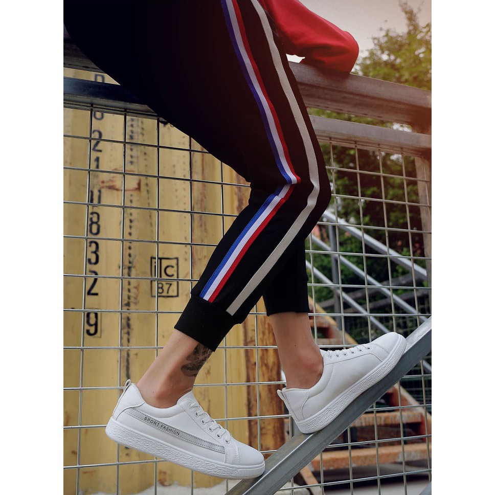 GIẦY SNEAKER DA Kẻ SPORT FASHION ( TRẮNG - GHI XÁM ) Thể Thao Nam phong cách Korea 2018