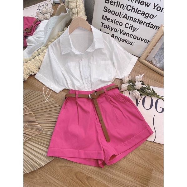 Set short hồng + áo sơ mi tay ngắn 2 túi ( kèm nịt)