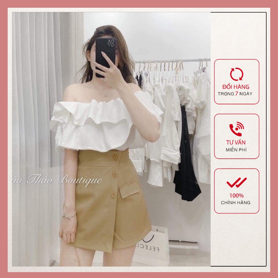 Áo croptop trễ vai 2 tầng cộc tay bồng bánh bèo, áo trắng trần điệu đà