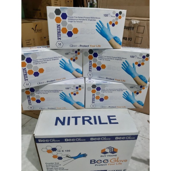 Hộp 100 Cái Găng Tay Nitrile Không Bột Màu Xanh Bee Glove 4.0Gram - Găng Tay Y Tế Không Bột Nitrile Xanh