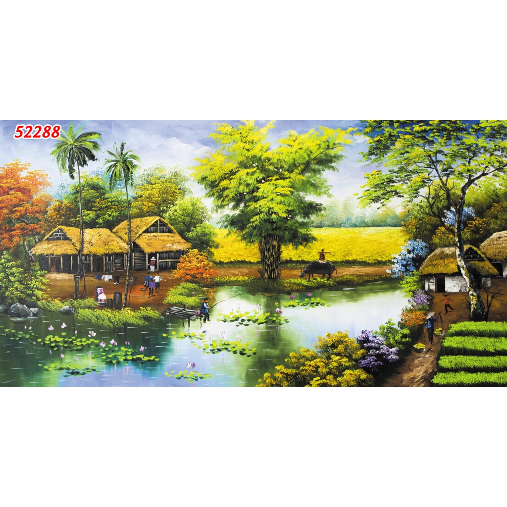 Tranh Đồng Quê Việt Nam Lụa 3D Cao Cấp Dán Tường không phai màu, chống thấm tốt