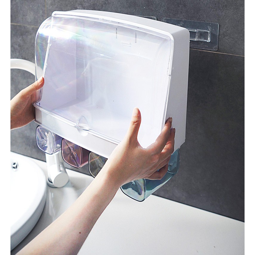 Kệ đựng dụng cụ nhà tắm,bàn chải đánh răng, mỹ phẩm đa năng có nắp chắn nước kèm ly gắn tường tiện dụng