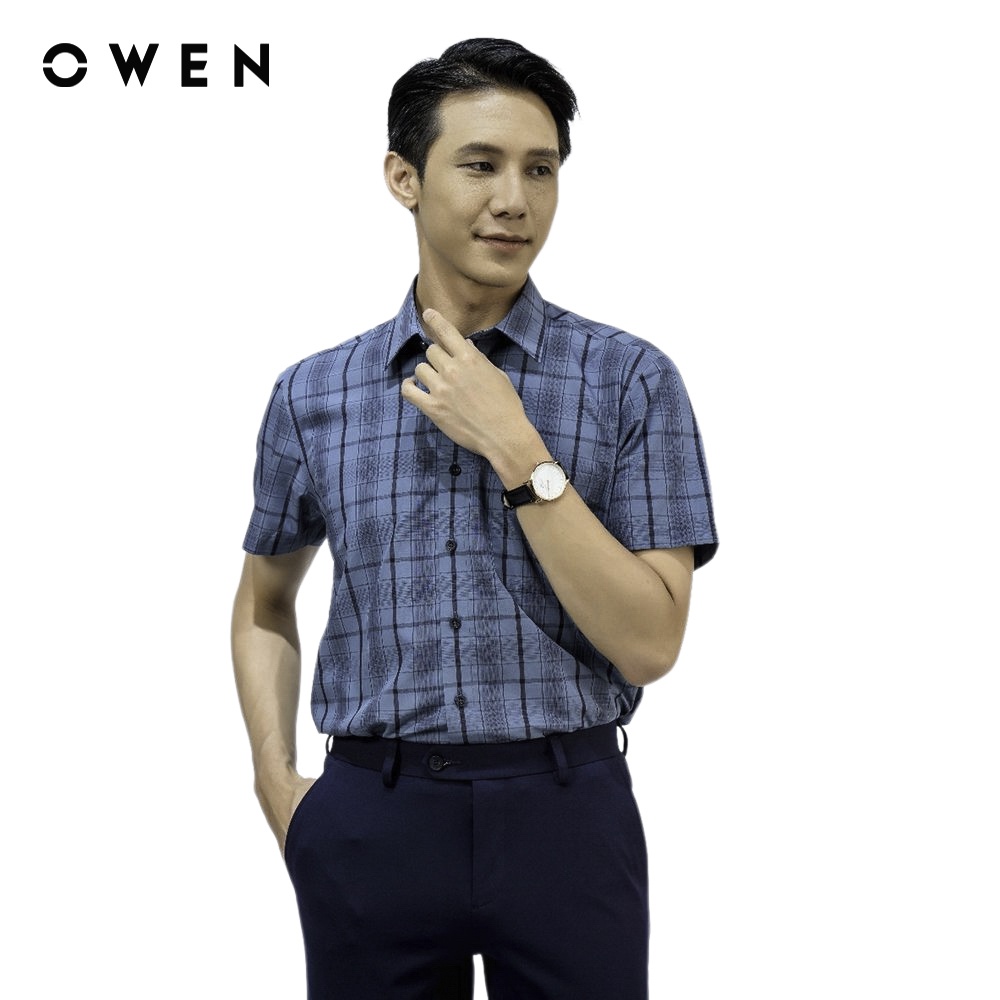 Áo sơ mi ngắn tay Nam Owen Lotus Regular Fit kẻ Xanh đen - AR220077NT