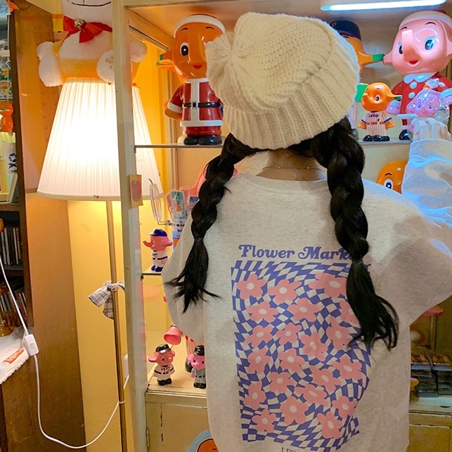 Áo nỉ ZHELIHANGFEI tay dài dáng rộng họa tiết in hoa dễ phối đồ thời trang