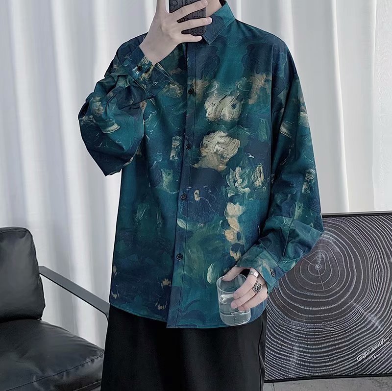 Korean style men's long-sleeved shirt with oil painting with personality design