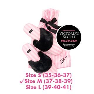 (Dép 15) Dép vải satin hồng sọc đứng, phối lông đen (Tặng túi đựng) - size M (37-38-39) - Victoria's Secret