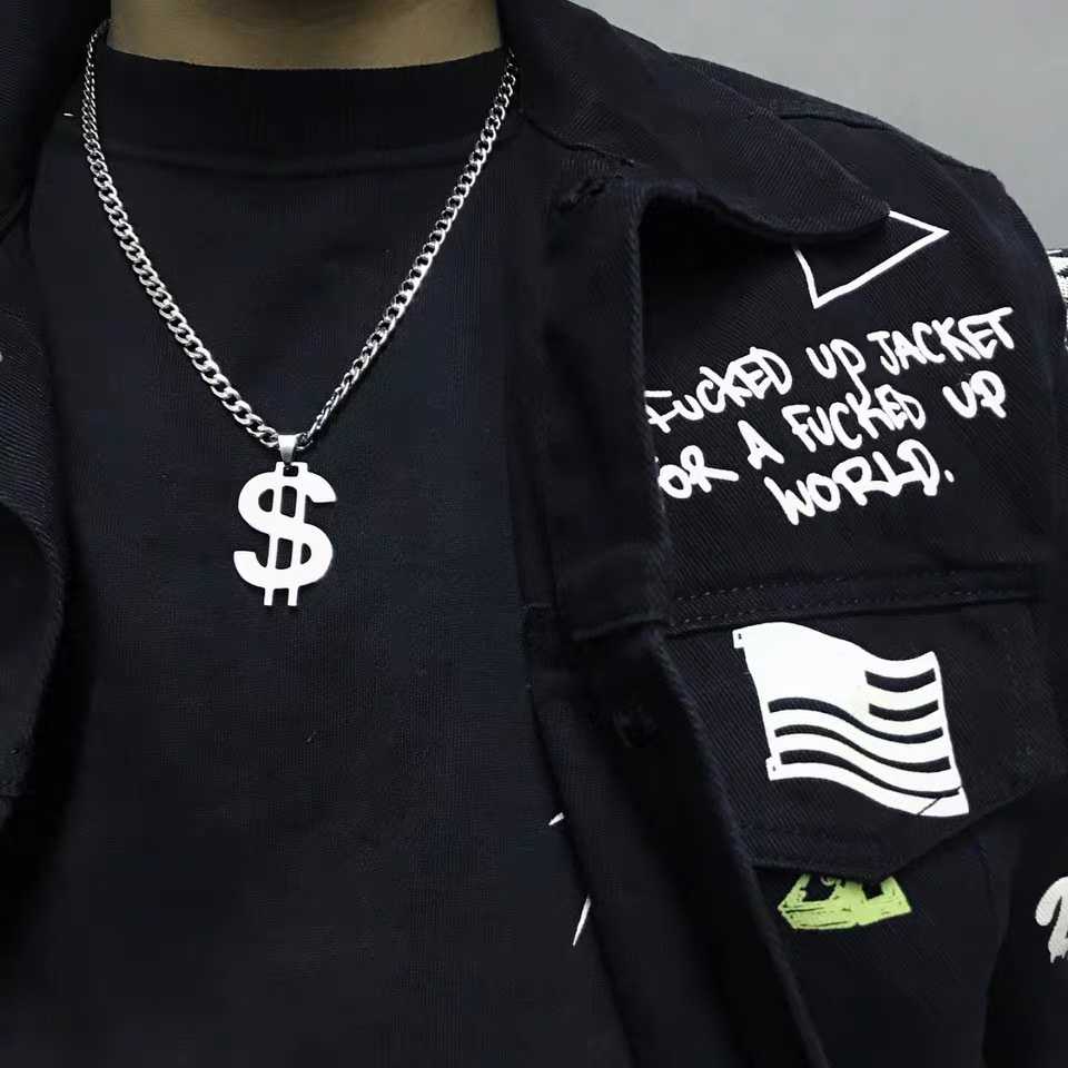 Vòng cổ chuỗi xích BROO mặt đồng đô la, dây chuyền titan phong cách hiphop cho nam nữ