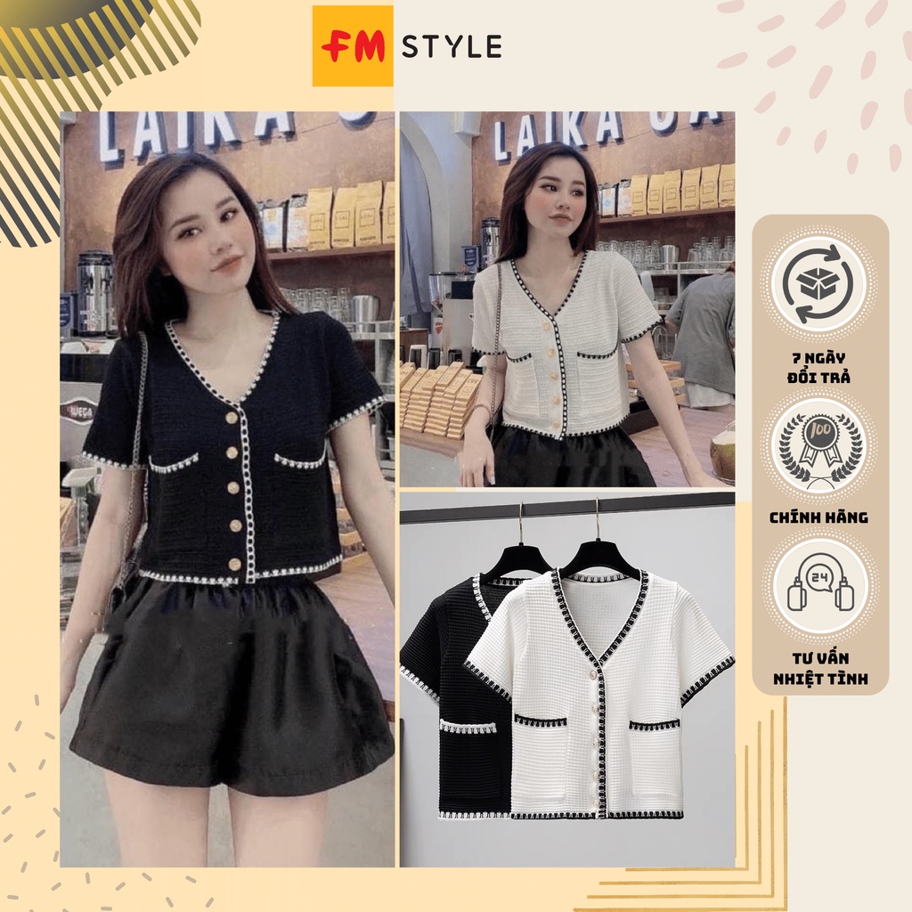 Áo cardigan len croptop cổ v tay ngắn phối nút fmstyle, áo kiểu nữ cổ V phối viền chỉ Hàn Quốc | Fmstyle Shop 204290003