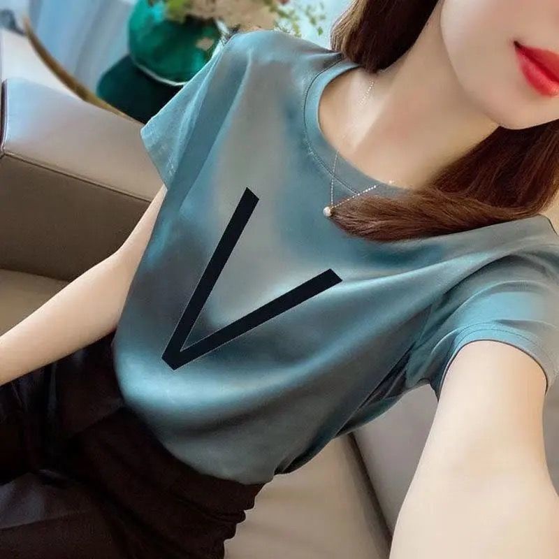 Áo thun tay ngắn cổ tròn dáng rộng thời trang mùa hè cho phụ nữ trung niên