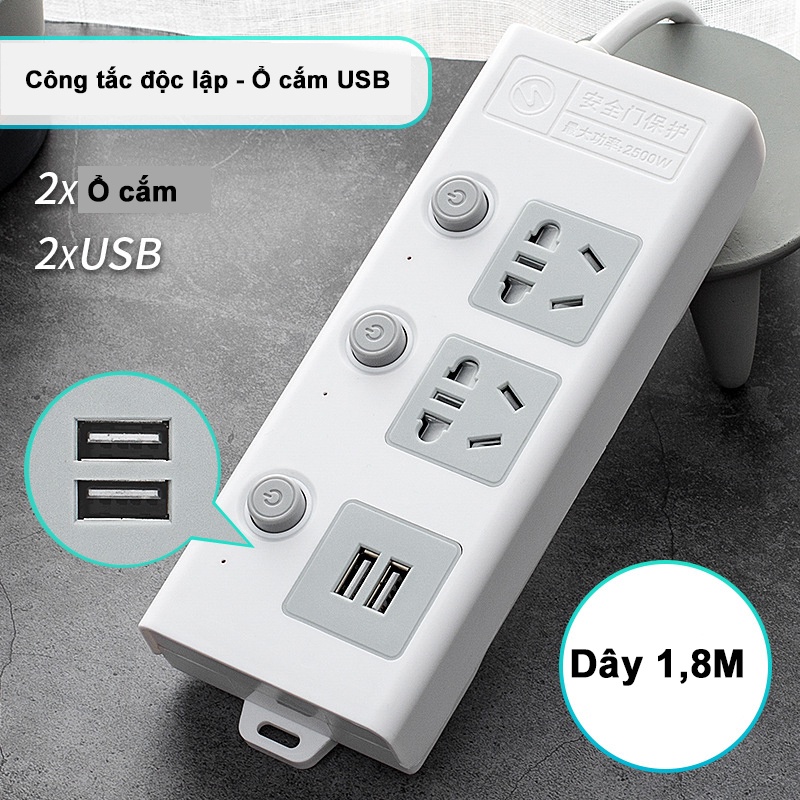 Ổ cắm điện đa năng JIASHI chịu tải 2500W, 2 cổng sạc USB 5V - An toàn chống cháy chống giật dây dài 1m8 và 2m5 OCD01