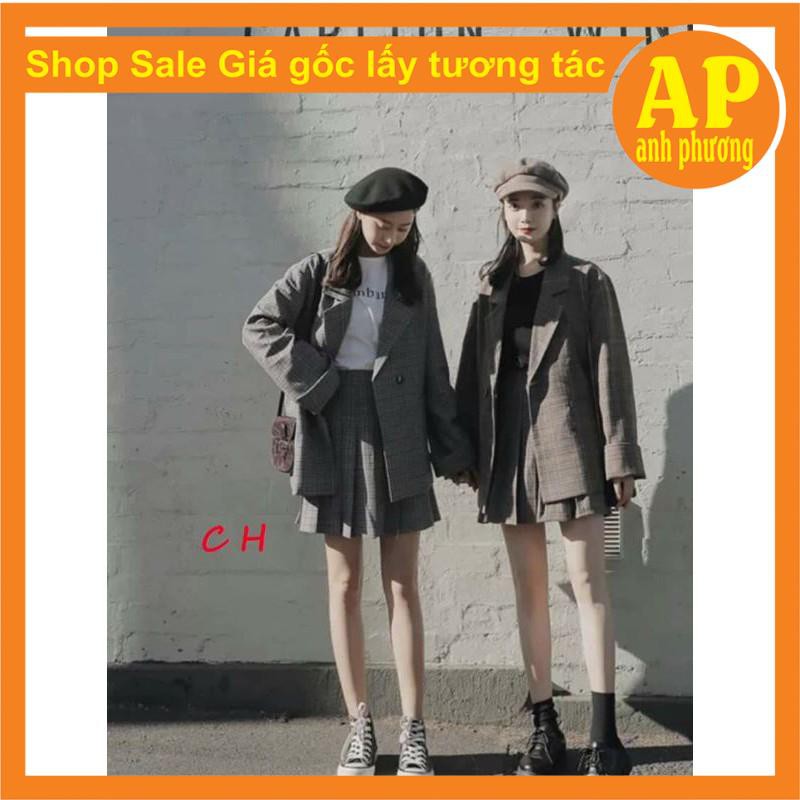 Sét vest váy xếp ly kẻ có ảnh thật sp🎁Áo khoác kẻ có cúc mix chân váy kẻ 2 lớp🍄bên trong có quần, chân váy có khoá hông | BigBuy360 - bigbuy360.vn