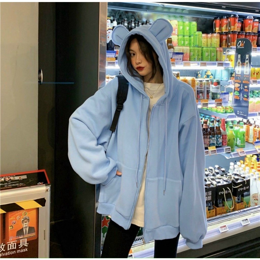 Áo Khoác Nỉ Bông Nón Tai Thỏ siêu cute,hoodie full zip Form Rộng Ulzzang Unisex,Sweater hoodie hot