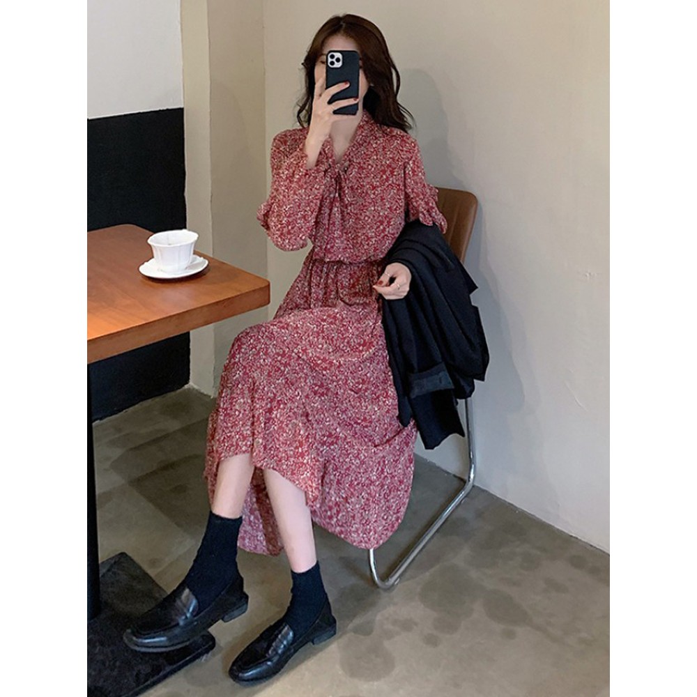(order 15 ngày) Đầm hoa nhí dáng dài phong cách vintage cổ cột nơ