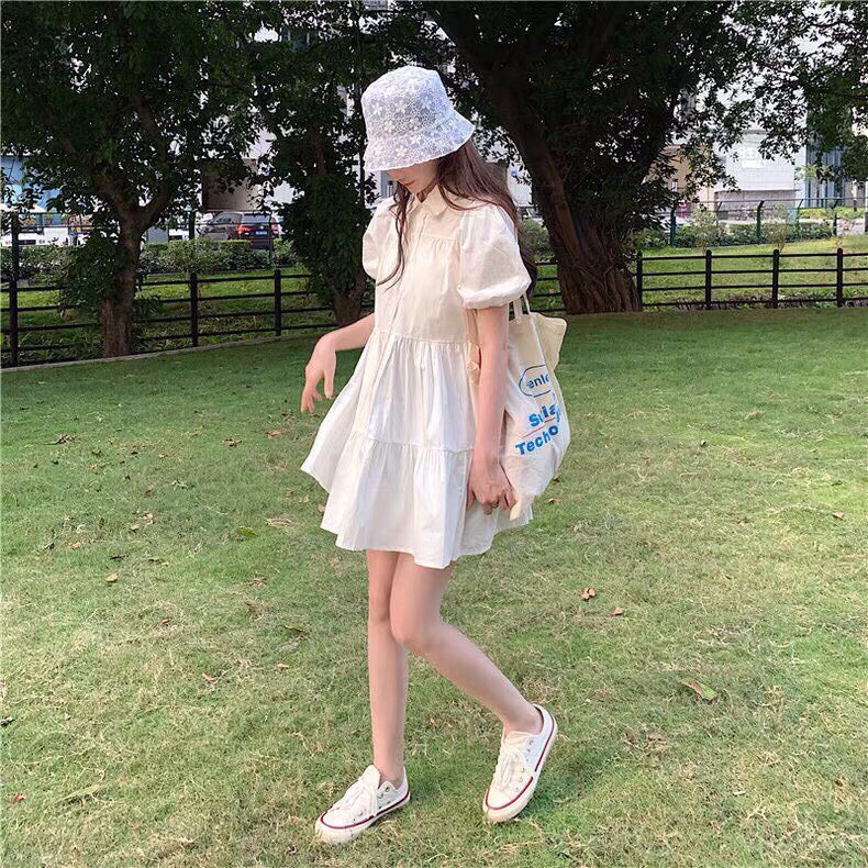 Đầm Sơ Mi Trắng Nữ Cộc Tay, 🌹KemVintage<FREESHIP>🌹, Váy Babydoll Nữ Tay Lỡ Dáng Lửng, Đầm Sơ Mi Đuôi Cá Màu Trắng