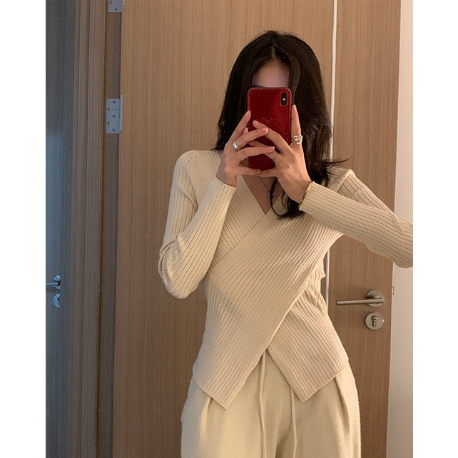 Porozi  Áo dệt kim tay dài cổ chữ v thiết kế vạt đan chéo form ôm phong cách Hàn Quốc