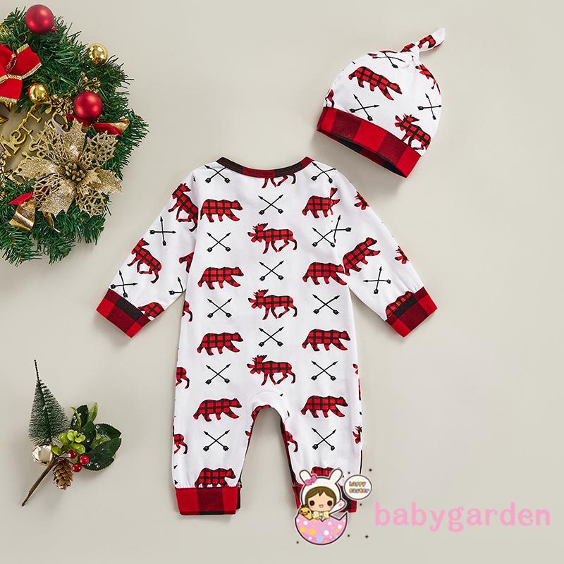 Bộ áo liền quần tay dài cổ tròn in họa tiết caro &amp; động vật kèm mũ đội đầu dễ thương cho bé sơ sinh