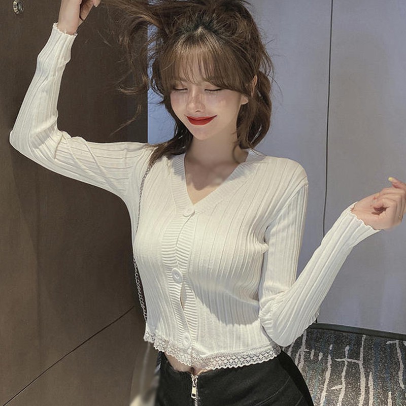 Women's Sexy V-neck Button Lace Ruffled Short Knitted Long Sleeved Cardigan | BigBuy360 - bigbuy360.vn