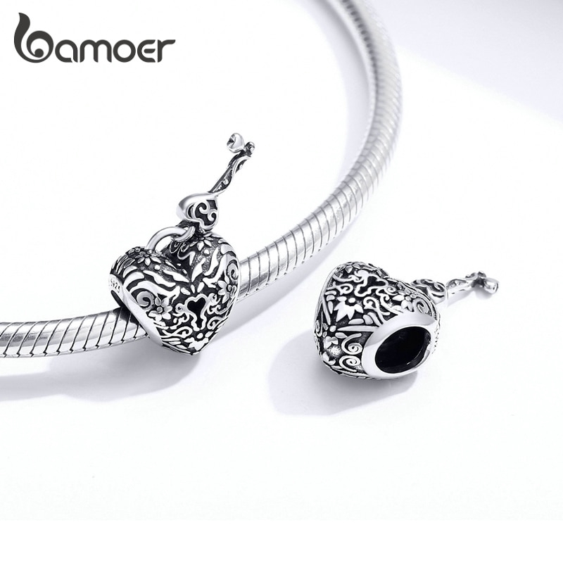 Hạt trang sức Bamoer bằng bạc 925 hình ổ khóa trái tim và chìa dùng làm trang sức vòng tay cho nữ