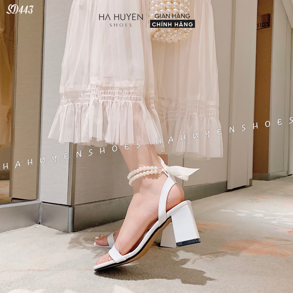Dép cao gót Hà Huyền Shoes gót vuông lì quai ngọc thắt nơ lụa 6p - SD443