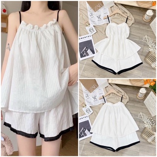 Set 2 Dây Trắng Đũi Nhăn PEONYB Nữ [FREESHIP] 🌸 Bộ ngủ quần voan ống rộng, áo thun lụa mát mặc ở nhà bánh bèo Ulzzang 🌸