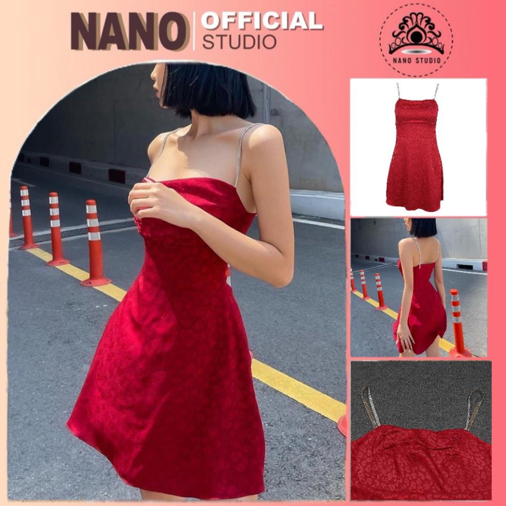 Váy đỏ tiểu thư xếp ngực 2 dây phối đá