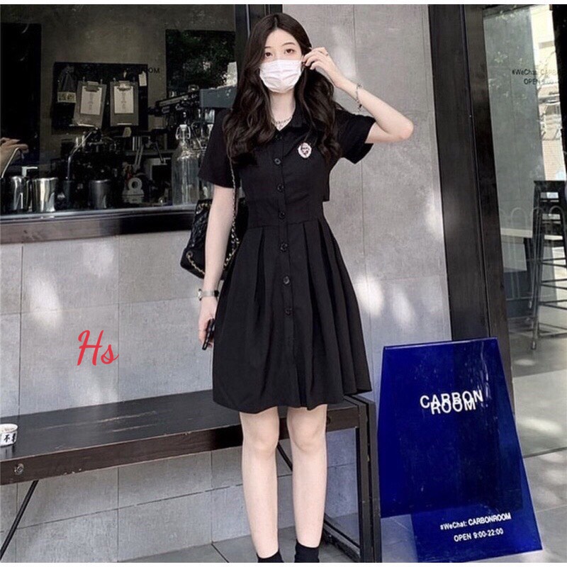Váy sơ mi logo khoét nơ lưng HS070
