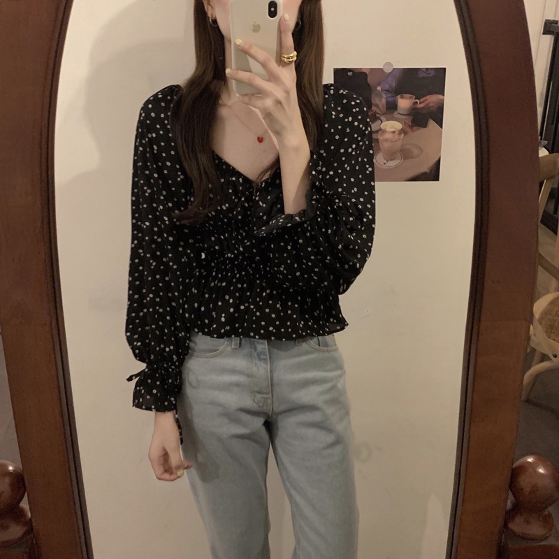 Áo Sơ Mi Voan Cổ Vuông Tay Dài Họa Tiết Hoa Phong Cách retro Dành Cho Nữ