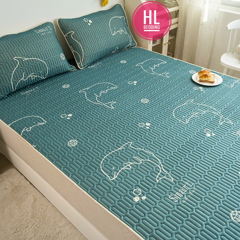 Chiếu điều hòa cao su non 5D Cá heo xanh  HL Bedding vải lụa Tencel mát cao su non Latex mềm mịn đủ kích thước m6/m8/2m2