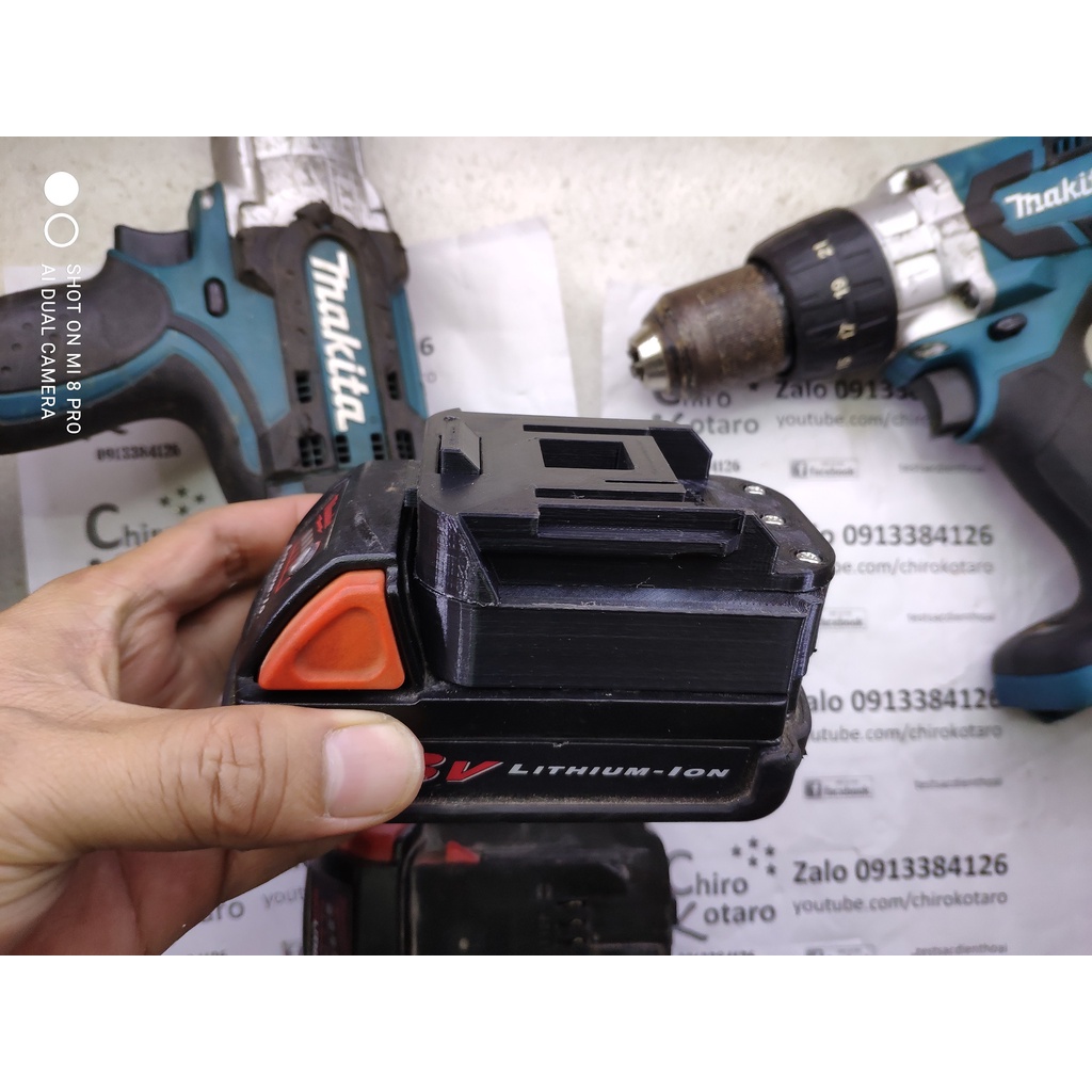 Đế chuyển chân pin máy Makita, máy tàu 18V-21V loại 2 chân và 3 chân sang dùng pin Milwaukee M18