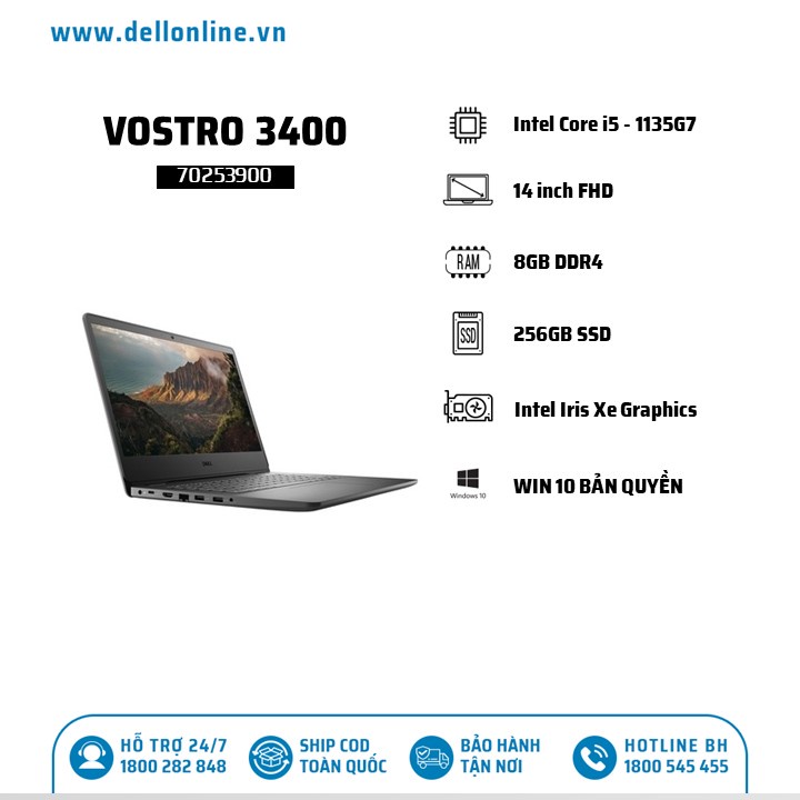 Máy tính Dell Vostro 3400, Intel Core i5-1135G7,8GB RAM,256GB SSD,14.0" FHD,WL+BT,McAfee MDS,Win 10 Home,Black,1Yr | BigBuy360 - bigbuy360.vn