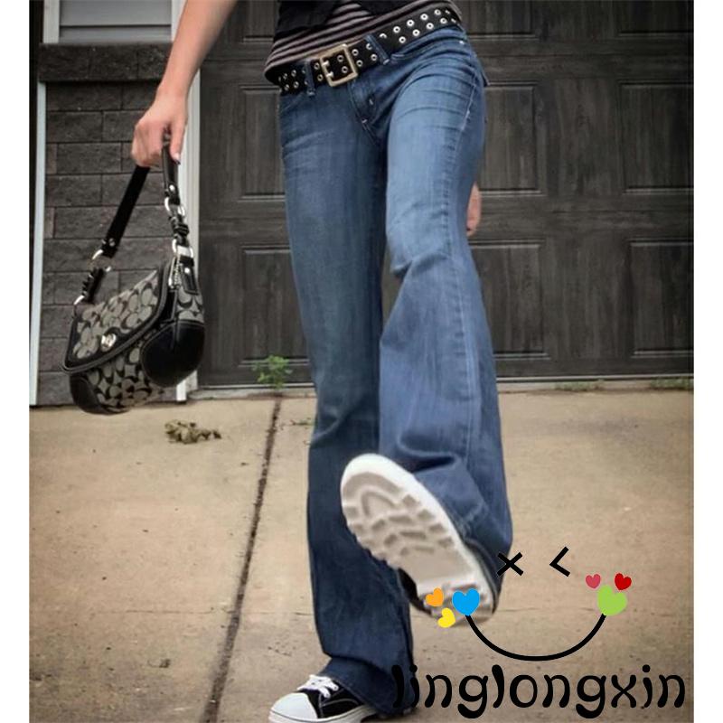 Quần Jean Ống Loe Cổ Điển Thời Trang Phong Cách Hàn Quốc Cho Nữ Linglongxi2-2000s y2k