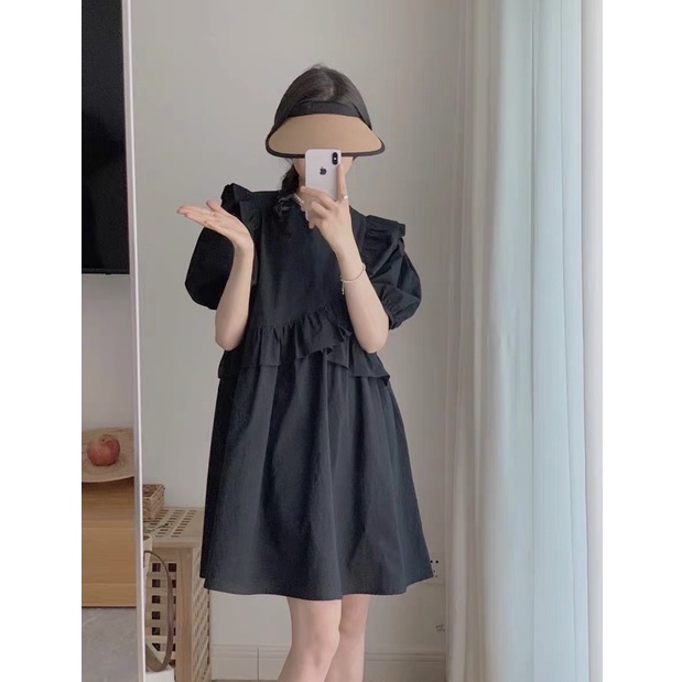 [Ảnh thật/Sẵn] Váy babydoll viền bèo vai chéo ngực dáng xòe tay bồng ulzzang