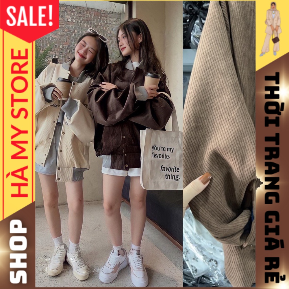 Áo Khoác Bomber Nhung tăm - Áo khoác form rộng dáng dấu quần, thêu chữ LASVEGAS, phong cách Hàn Quốc-Store HàMy