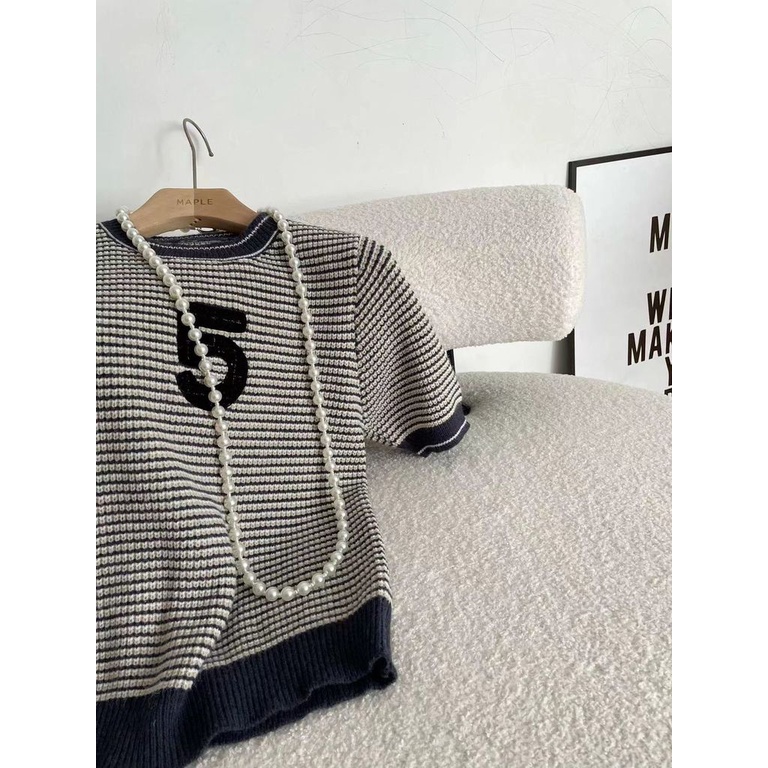 Áo Sweater Tay Ngắn Họa Tiết Kẻ Sọc Thiết Kế Mới Thời Trang Mùa Xuân Hè Cho Nữ