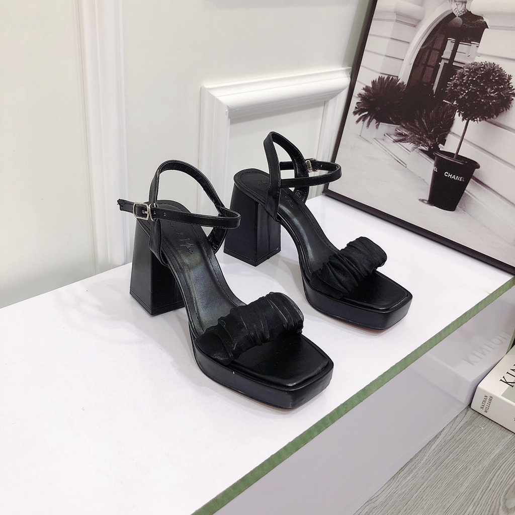 Sandal Cao Gót 9p Mũi Đúp 2p Quai Ngang Lụa Nhúm Cute Lên Chân Cực Xinh - Sandal Nữ Gót Vuông ChiChanh Store