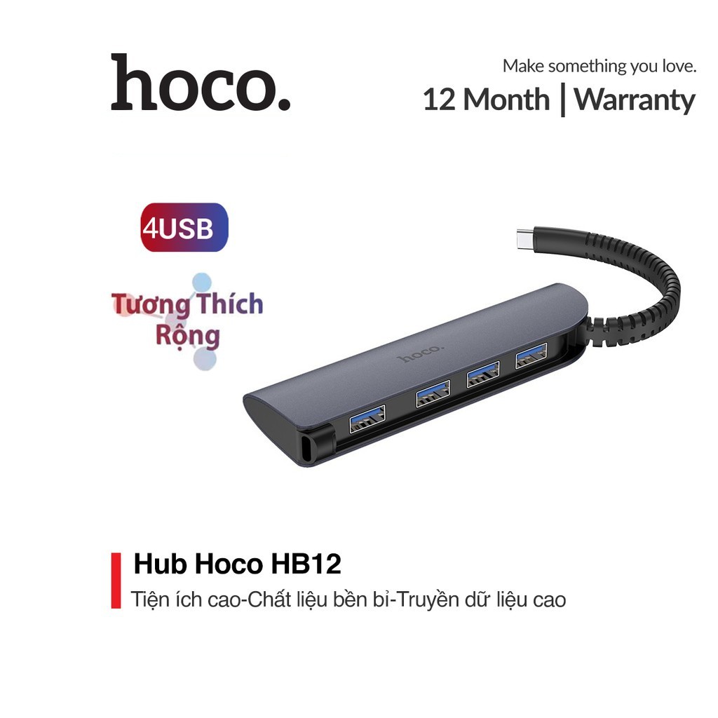 Hub chuyển đổi Hoco HB12 chân Type-C sang 4 cổng Usb 3.0 tốc độ truyền dữ liệu đến 5Gbps vỏ ABS bền bỉ,cao cấp