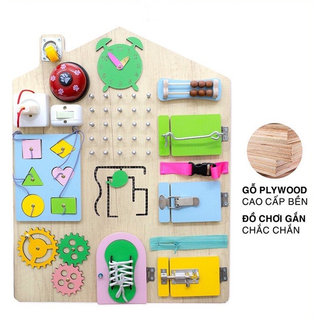 Bảng bận rộn - Busy board rèn luyện vận động tinh cho bé từ 1 tuổi, kích thước 40x50x5cm