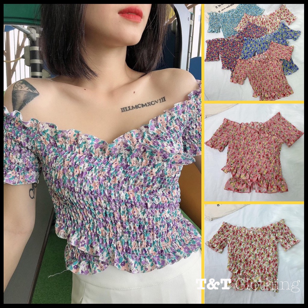 Áo croptop hoa nhún tay ngắn đắp chéo | Áo kiểu nữ Châu Âu 💃By 23t.shop