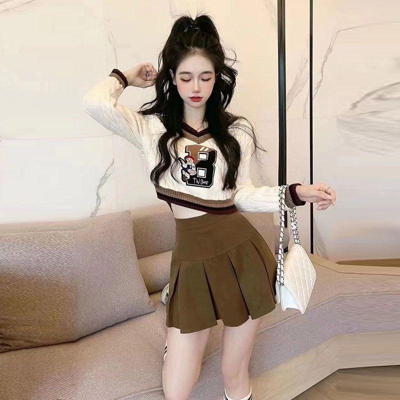 Bộ Áo Dệt Kim Ôm Dáng Phối Chân Váy Ngắn Xếp Ly Ôm Dáng Kiểu Retro Nhật Bản Cho Nữ
