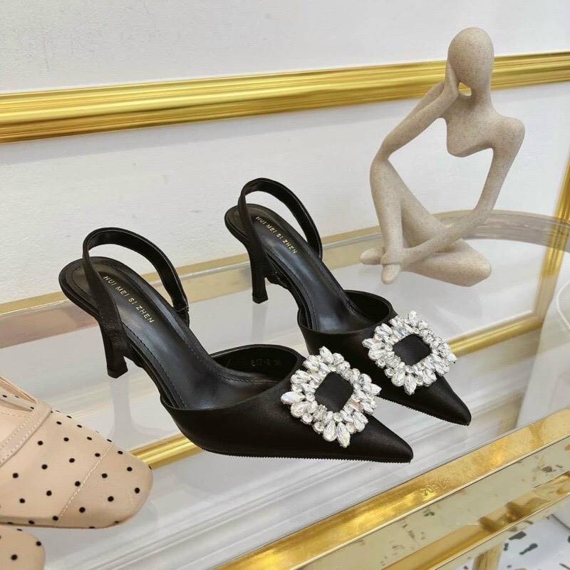 Giày cao gót nữ 7cm phối khóa đá vuông phối quai hậu lên chân cực đẹp mã E688