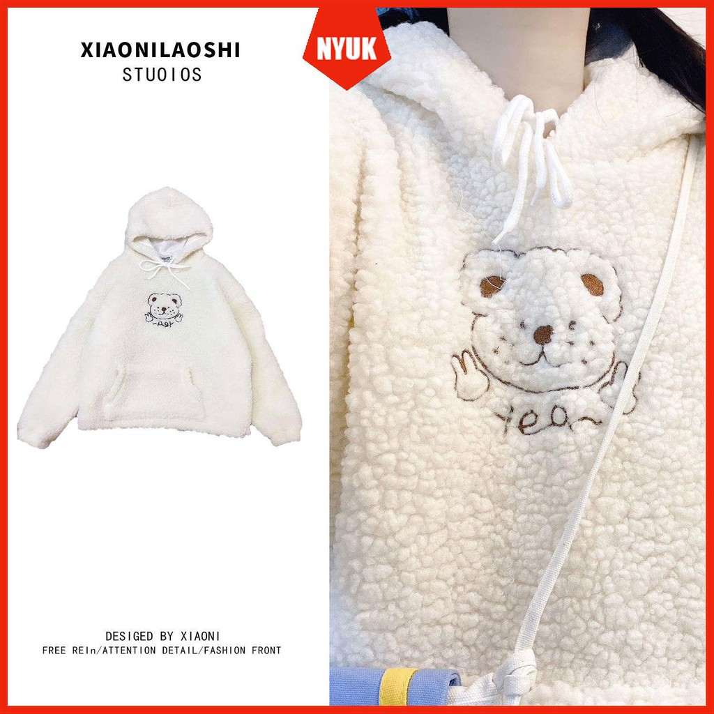 Áo Hoodie Lông Cừu Ấm Áp Thêu Hình Gấu Xinh Xắn Hợp Thời Trang